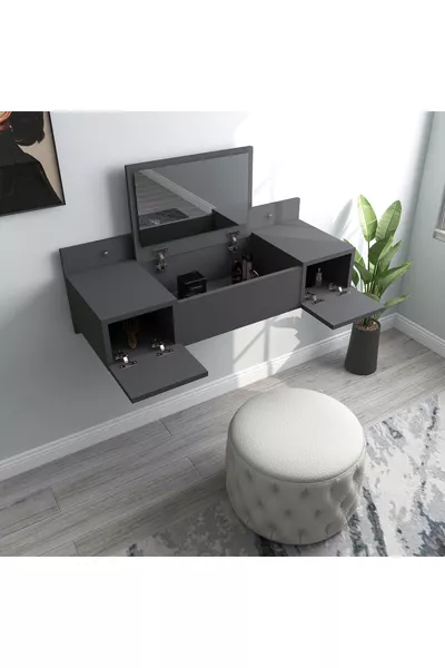 Zakkum Makeup Table with Mirror and 2 Shelves, Charcoal