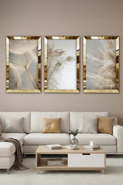 Gouden Plexiglas Spiegel Lijst Collage Tekening Set van Drie MDF Schilderijen