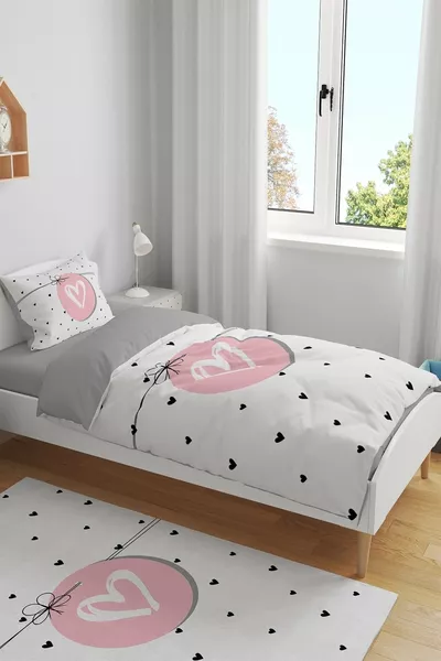 Düğümlü Pembe Kalp Desenli Tek Kişilik Bebek Çocuk Nevresim Seti