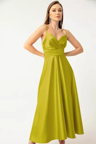 المرأة الفستق الأخضر حبل حزام حزام الخصر الساتان ميدي مساء اللباس والتخرج اللباس