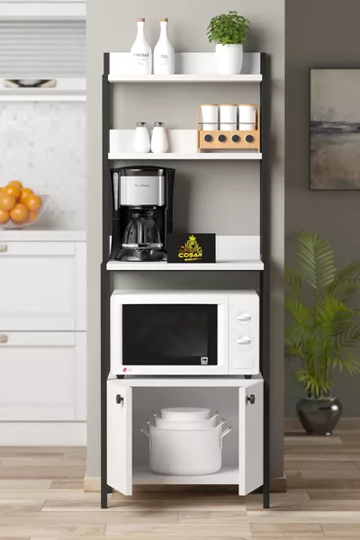 خزانة متعددة الأغراض للمطبخ، ميكروويف، فرن صغير، خزانة ببابين، ركن القهوة