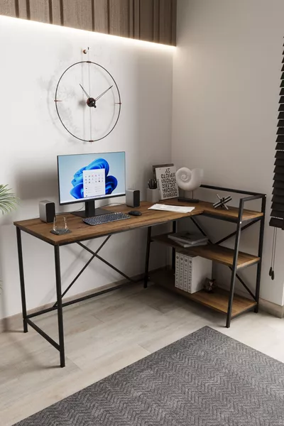 Kiefer/Schwarz, für beidseitige Nutzung geeigneter Schreibtisch mit Ablagen, Computertisch, L-Schreibtisch, mit Metallbeinen