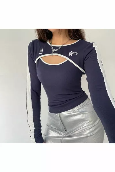 Navy A The Star White Striped Segmented Long Sleeve Crop