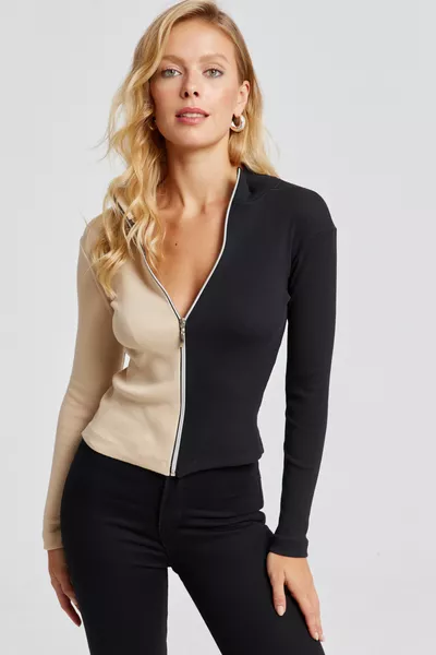 Damen Vanille-Schwarz Farbblock Rippstrickbluse 