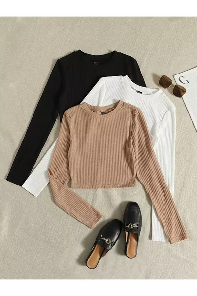 Kadın 3 lü Adet Fitilli % PAMUKLU Bisiklet Yaka Örme Kaşkorse Uzun Kol Crop Bluz