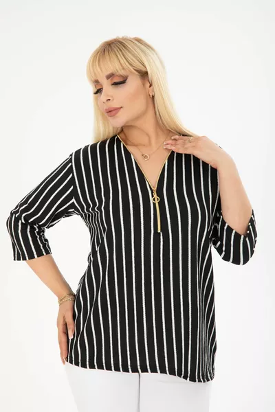 Black Striped Patterned Zip-Up Blouse