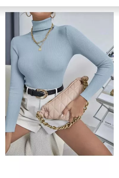 Unisex Açık Mavi Pamuklu Kumaş Balıkçı Yaka Kaşkorse Şardonlu Slimfit Boğazlı Kazak