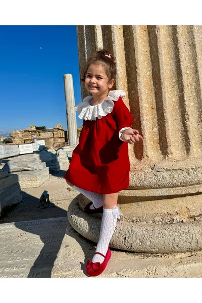 Vintage Fisto Yaka Detaylı Kız Çocuk Kırmızı Elbise