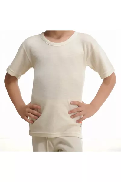 Unisex Children's Cream Real Wool Short Sleeve Undershirt