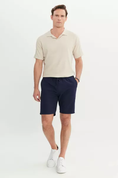 Herren Marineblau % Baumwolle Comfort Fit Shorts mit Bindegürtel und Flammenmuster an den Seitentaschen