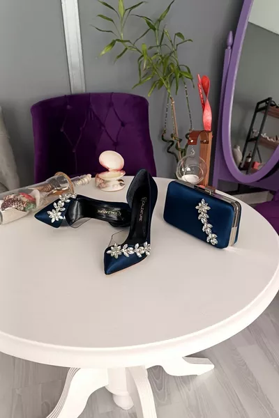 Marineblau Satin Tasche Set cm Seite Transparent Stern Stein Absätze Stiletto Damen Schuhe