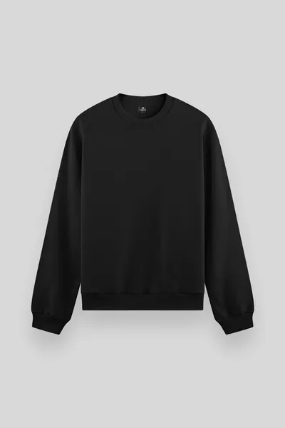 سويت شيرت رجالي أسود أساسي بياقة دائرية مريح - 