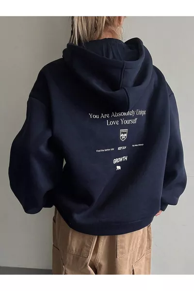 Kadın LACİVERT Calm Growth Baskılı Oversize Kapüşonlu Sweatshirt