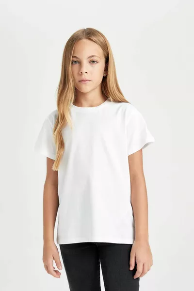 تي شيرت أساسي بسيط بأكمام قصيرة وتفصيل رقبة دراجة لفتيات الأطفال NS