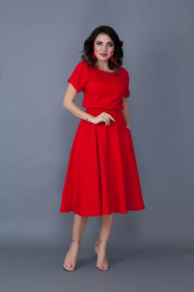 Dames Midi-jurk met rode elastische taille, zakken en vleermuismouwen