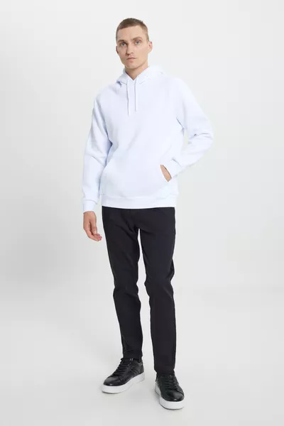 Мъжки бял стандартен с нормално прилягане пуловер с качулка, подплатен с полар, 3 нишки, памучен