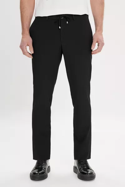 Men's Black Slim Fit Narrow Cut Trousers with Tie Waist and Side Pockets, Waffle Pattern
