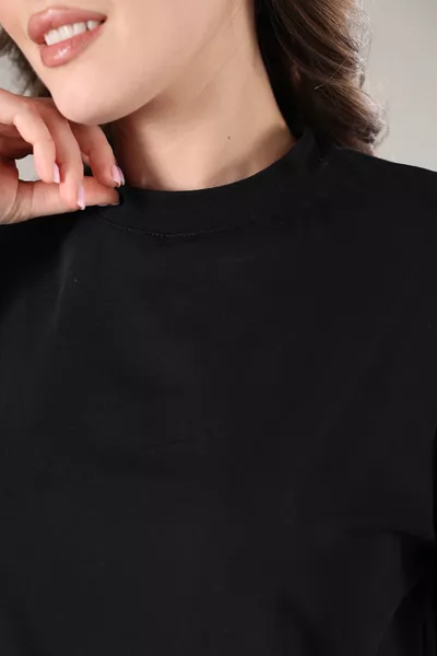 T-shirt femme noir basique en coton  % biologique avec col montant côtelé