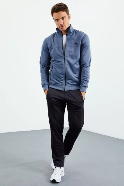 Petrolblauw - Donkerblauw Rechte Kraag Met Rits Standaard Pasvorm Klassieke Pijp Heren Trainingspak - 