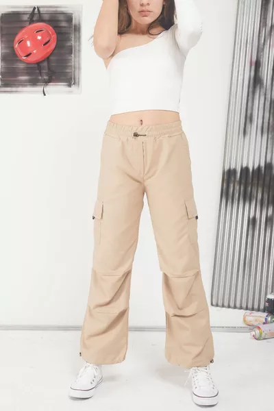 Cream Cargo Girls' Parachute Pants with Elastic Cuffs 