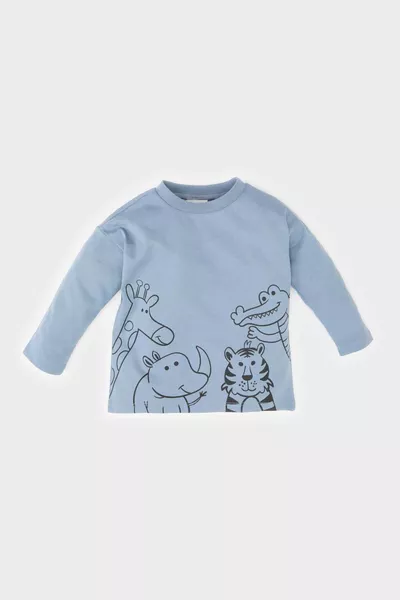 تي شيرت طويل الأكمام للبنين برقبة دائرية ونقش حيوانات SP