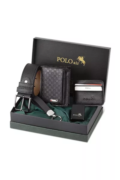 محفظة بنقشة رقعة الشطرنج مع حامل بطاقات مدمج، حزام، مفتاح ولاعة باللون الأسود -S