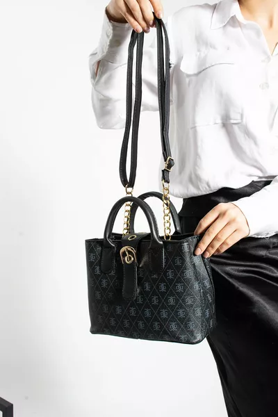 حقيبة يد وكتف نسائية من الجلد بنقش فينوس الأسود مع أشرطة كتف وإغلاق بسحّاب وزر