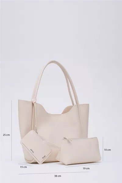 حقيبة يد وكتف نسائية مع محفظة مكياج من الجلد الصناعي لون كريمي  بسحّاب