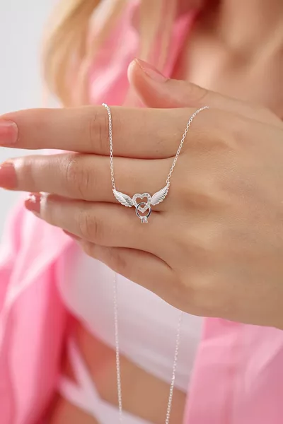 Women's Silver Adjustable Chain Angel Wing Heart Solitaire Necklace