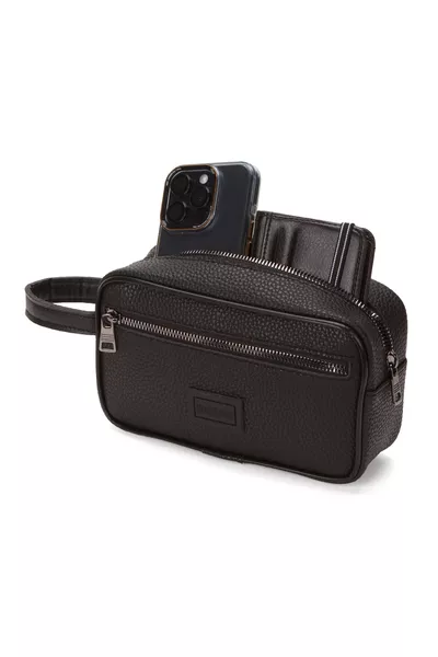 Men's Black Leather Portfolio Clutch Shaving, Grooming, and Daily Handbag