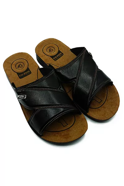 Men's Summer Leather-Look 4-Point Orthopedic Luxury Slippers for Street and Home Use, Black 