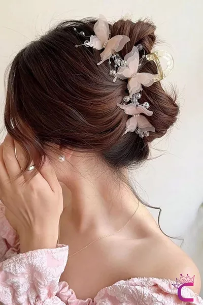 Elegante Damen Haarspange mit Schmetterling aus rosa Tüll,  cm, große Größe - Haarspange mit Perlen und Schmucksteinen, Schmetterling