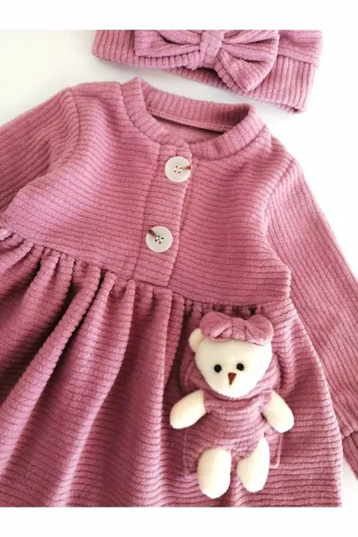 Bébé fille en bois bouton ours en peluche Bonnet robe d’hiver rose séchée