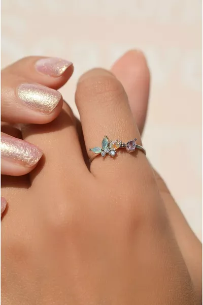 Silver-Colored Holographic Butterfly Joint Ring Butterfly Ring