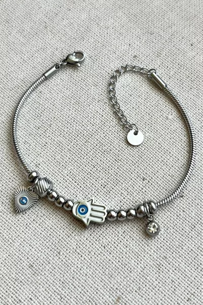 Steel 2 cm Hamsa Charm Model Women's Steel Bracelet – Silver Color | Tarnish-Resistant Women's Jewelry