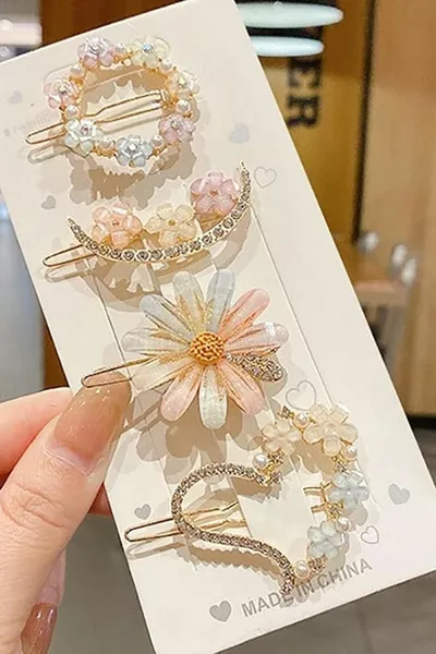 Комплект от 4 броя фиби с цветя от златен метал за жени