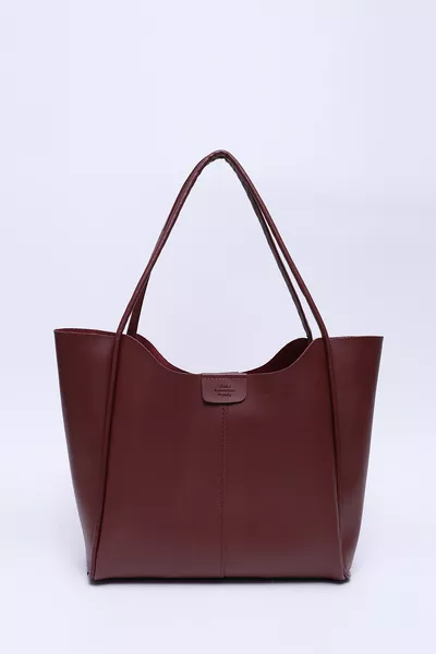 Sac à main et sac d'épaule pour femme en simili cuir bordeaux  avec fermeture à pression et cordon, grande taille, avec trousse de maquillage