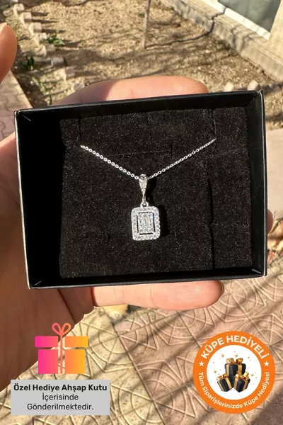 Elegant Gift Necklace with Baguette Stone Diamond Model in a Gift Box,  Sterling Silver Plated