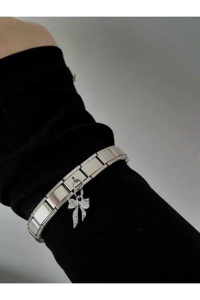 Braccialetto charm italiano con nastro e pietre di acciaio