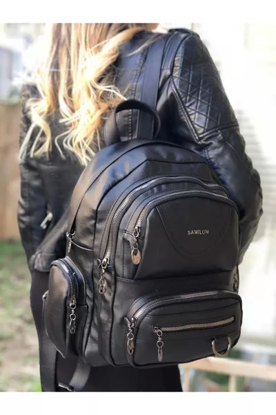 حقيبة ظهر نسائية سوداء من الجلد القابل للغسل وعين متعددة من ساميلون