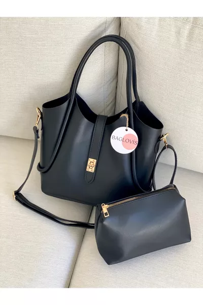 Borsa a spalla nera da donna con chiusura frontale e tasca extra