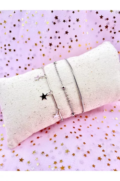 3-teiliges Damen Stern Armband Set – Silberfarbene Dorika Perlen Schmuck / Kombination Armband Set