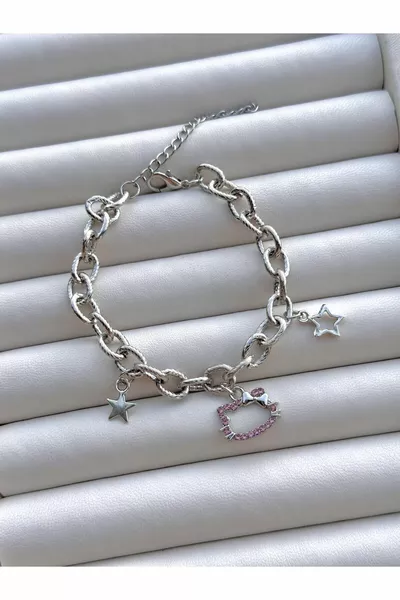 Hello Kitty-Armband mit dicker Kette und rosa Steinen