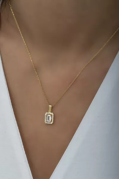  Sterling Silver Gold Baguette Solitaire Necklace