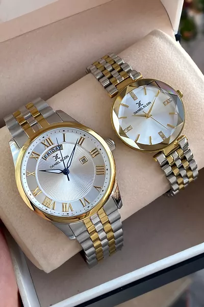 ساعة زوجية فاخرة أصلية % مقاومة للماء من الصلب مع ضمان لمدة سنتين مع سوار كهدية