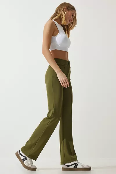 Women's Khaki High Waist Lycra Casual Knitted Pants 