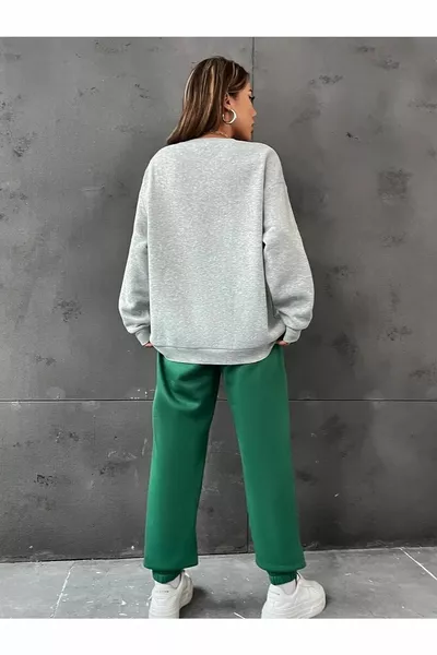 كاليفورنيا  سروال رياضي أخضر قميص بقلنسوة رمادي طقم رياضي علوي وسفلي واسع بياقة دائرية