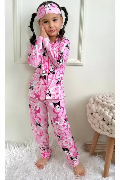 Girl's Long-Sleeve Pajama Set with Pattern - Size Chart Available in Images