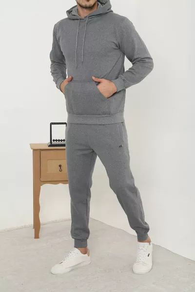 طقم رياضي رجالي بسحاب بغطاء رأس، لون رمادي، قماش سميك من 3 خيوط وجيوب