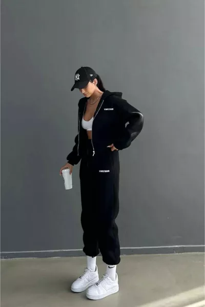Wrst Winter Cardigan Sweatpants Set - Black Printed Zippered Oversize Hoodie